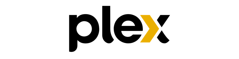 Plex logo: black lowercase letters with a yellow chevron forming the 'x'